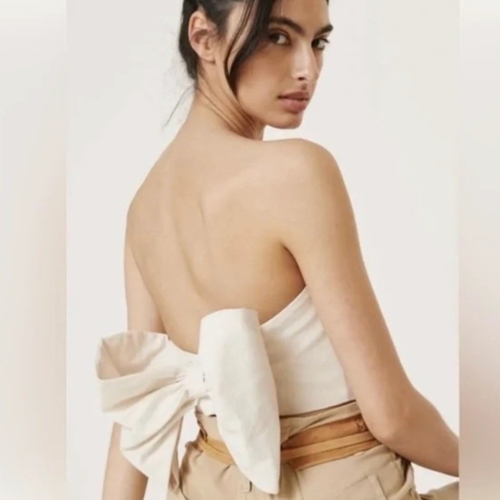 Hutch Bow Back Strapless Crop Top Linen Blend Women 6 Beige